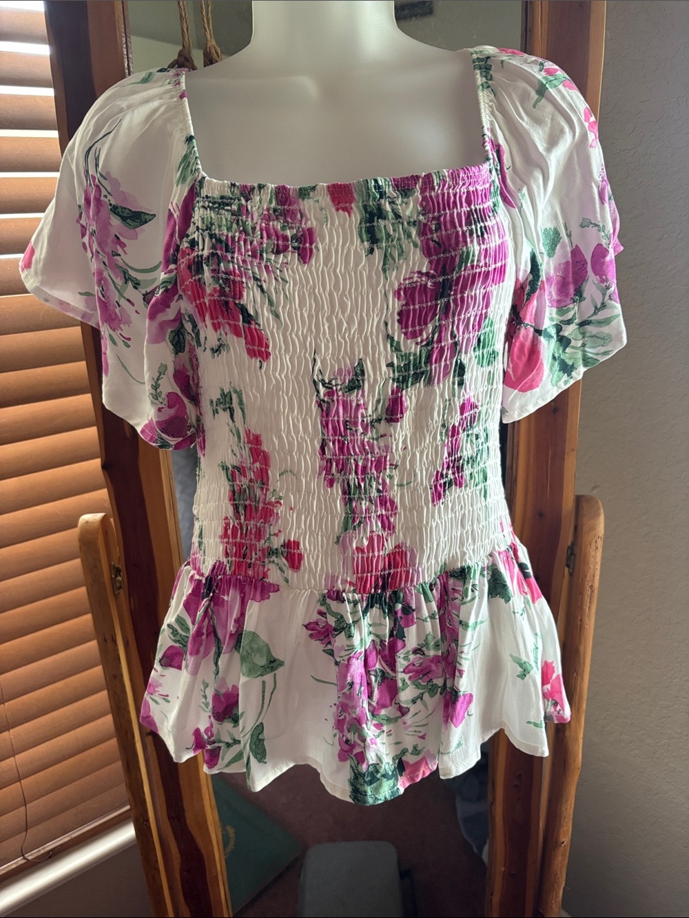 White Birch Floral Smocked Peplum Top - White with Pink & Green